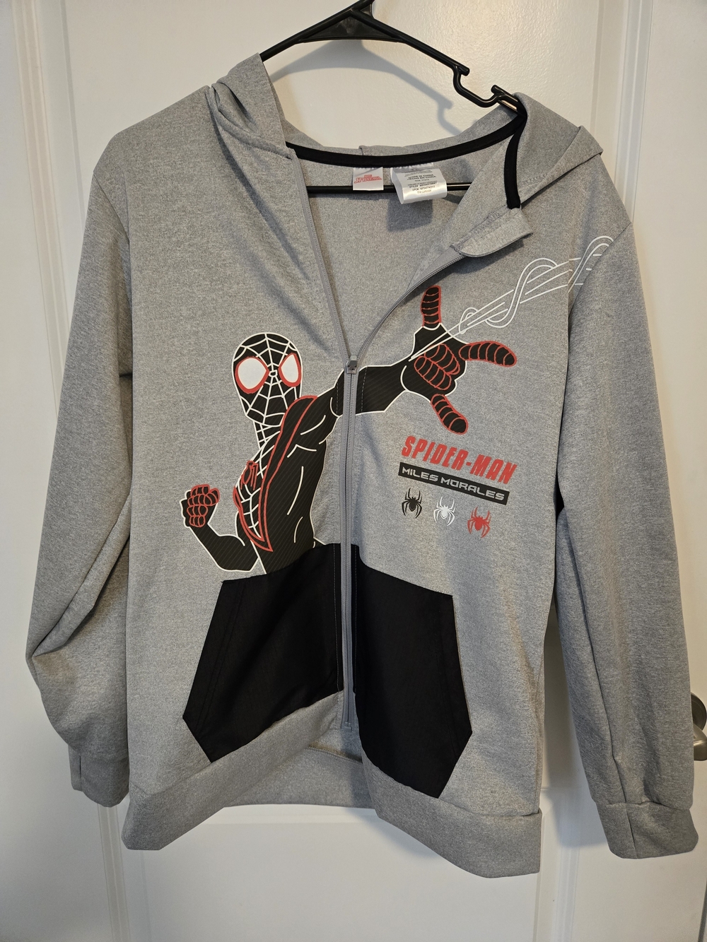 Marvel Light Grey Heather Kids' Spider-Man Hoodie with Black Trim and Red Logo
